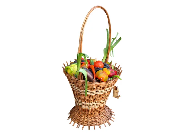 Wooden basket with autumn harvest fruit vegetables isolated — Stock Photo, Image