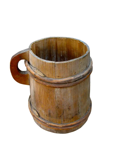 Ancient old wooden handmade mug isolated — Stock Photo, Image