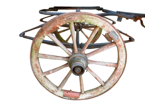 Старое старинное колесо с отделенными частями тележки на белом — стоковое фото