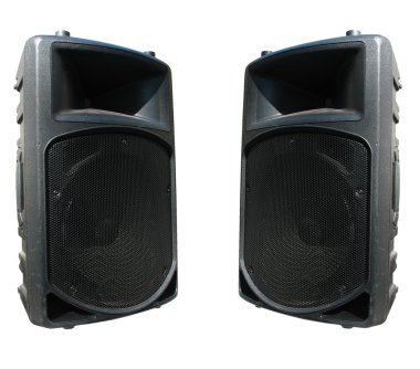 Two old powerfull concerto audio speakers isolated on white clipart