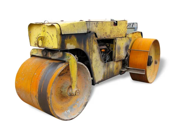 Old rusty yellow road roller isolated over white — Stock Photo, Image