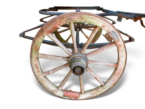 Roda de carrinho antigo feita de madeira e ferro-forrado, isolado — Fotografia de Stock