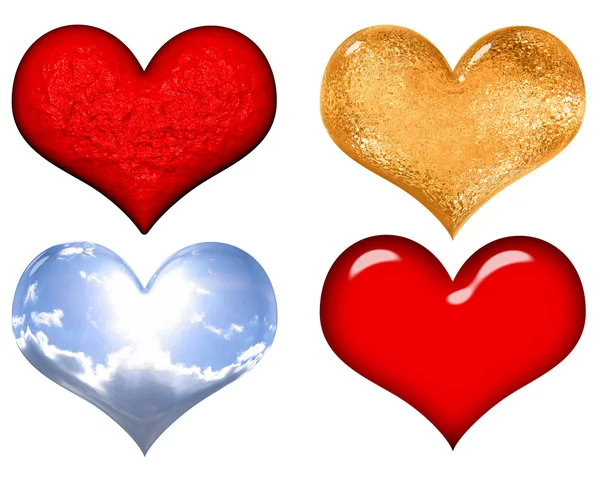 Beyaz Zemin Üzerine Kırmızı Altın Gümüş Cam Sevgililer Günü Kalpleri — Stok fotoğraf