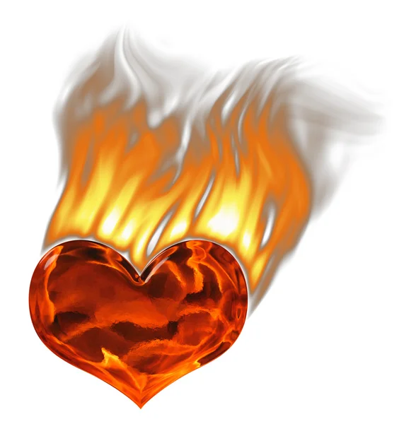 Red Burning Heart Flames Smoke White Background — Stock Photo, Image