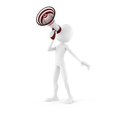 3d man with a big megaphone isolated in white clipart