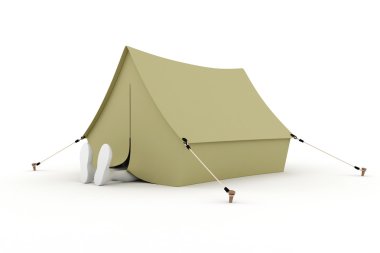 3d adam camper, üzerinde beyaz izole bir çadırda uyumak