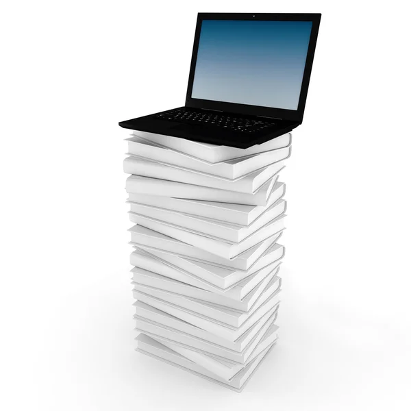 3D-laptop bovenop een stapel boeken — Stockfoto