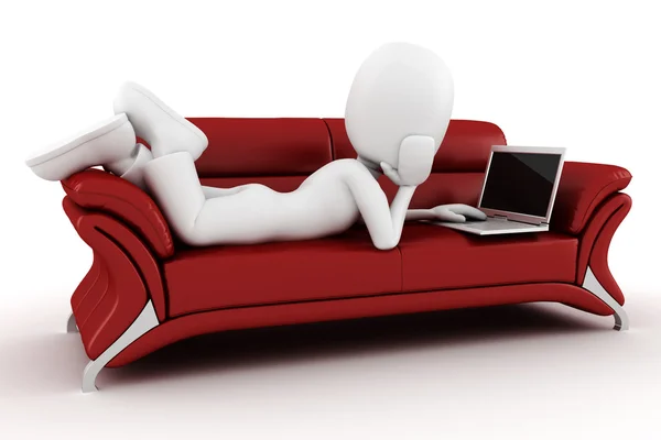 3d человек с ноутбуком сидит на красном диване — стоковое фото