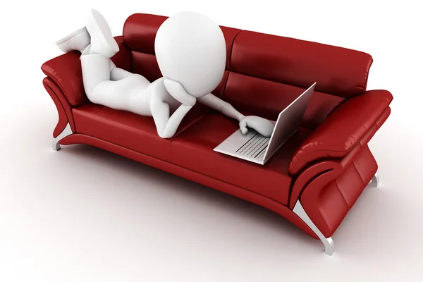 3D άνθρωπος με το lap-top που κάθονται σε κόκκινο καναπέ — Φωτογραφία Αρχείου