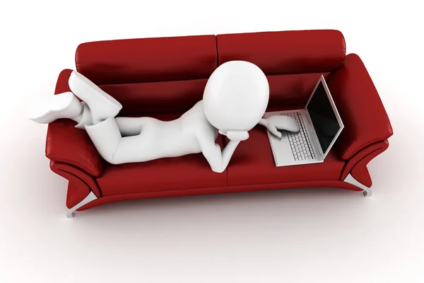 Homme 3d avec ordinateur portable assis sur un canapé rouge — Photo