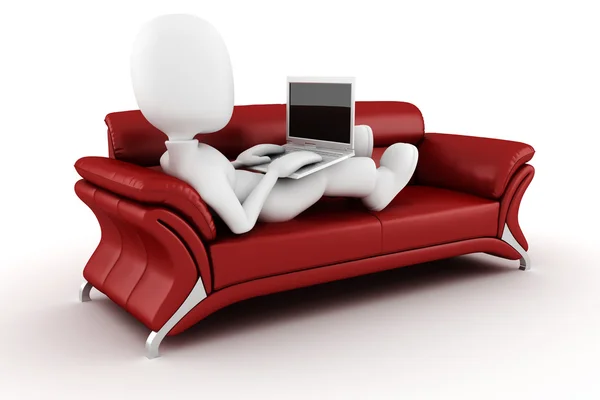3D άνθρωπος με το lap-top που κάθονται σε κόκκινο καναπέ — Φωτογραφία Αρχείου