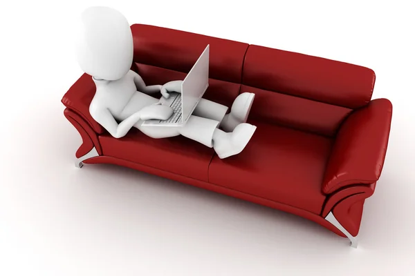 3d homem com laptop sentado em um sofá vermelho — Fotografia de Stock