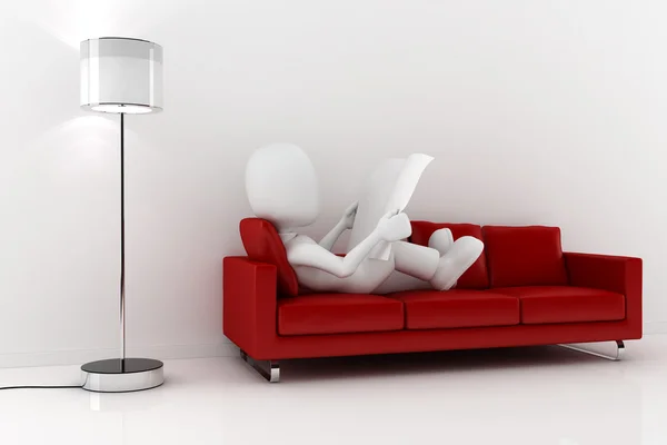3D-Mann liest Zeitung auf rotem Sofa — Stockfoto