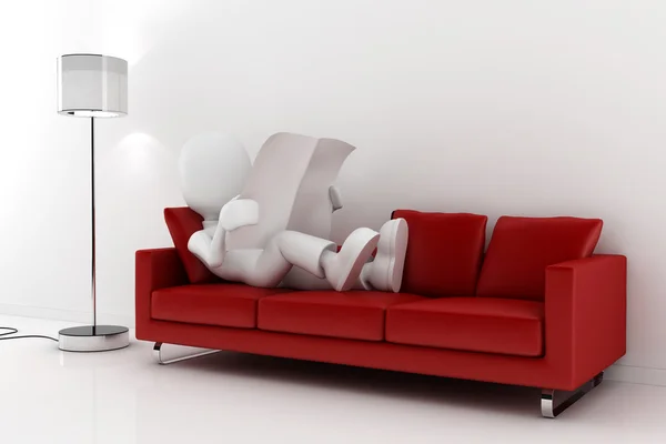 3D man läser tidningen i en röd soffa — Stockfoto
