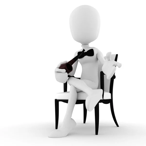 Bir koltukta siting ve pipo ve üzerinde beyaz izole 3d adam — Stok fotoğraf