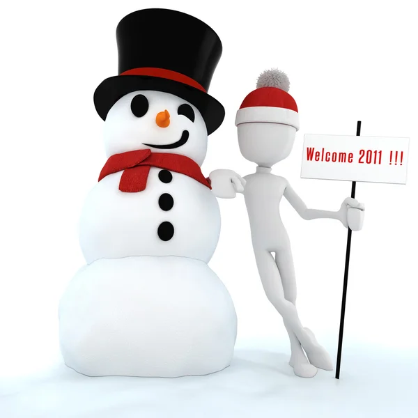 3d man and snow man ,Happy new Year!! — Stock Photo, Image