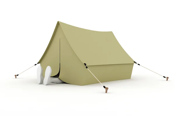3D-s ember camper, aludt egy sátorban, elszigetelt fehér — Stock Fotó