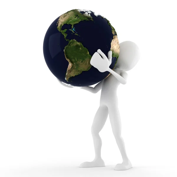 3d man holding the earth, isolated on white — Stock Photo, Image