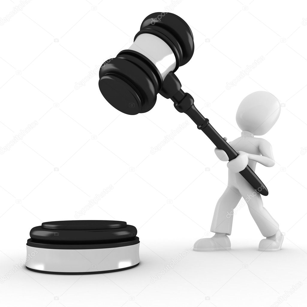 3d man holding a big gavel, isolated on white