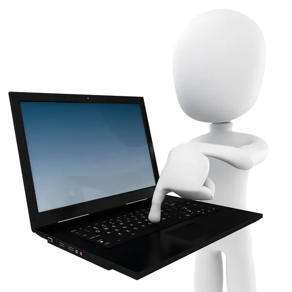 3D człowiek trzyma laptopa - nacisnąć przycisk — Zdjęcie stockowe