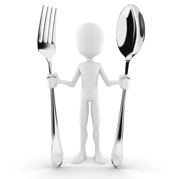 3d hombre sosteniendo una cuchara y un tenedor —  Fotos de Stock