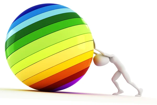 3d man pushing a colorful ball up hill — Stock Photo, Image