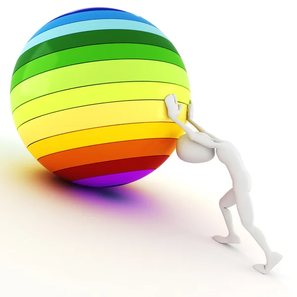 3d человек толкает цветной шар вверх по холму — стоковое фото
