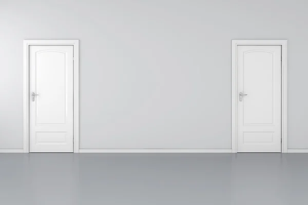 3D интерьер с 2 белыми дверями и серыми стенами — стоковое фото