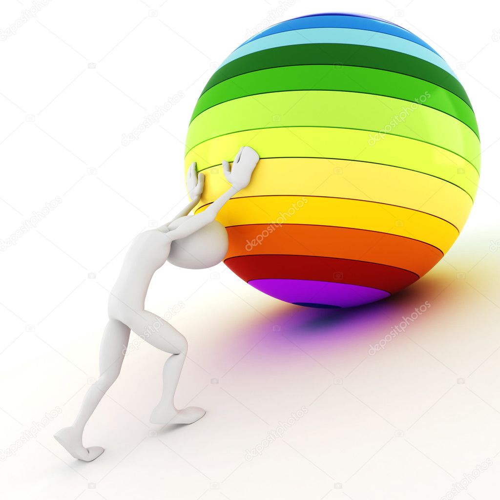 3d man pushing a colorful ball up hill