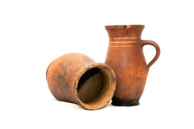 Old clay ceramic pot, shaped rounder at the bottom, and more narrow at the top. Isolated on white background. clipart
