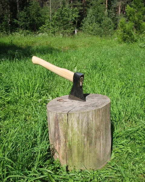 Ax preso em um bloco de madeira — Fotografia de Stock