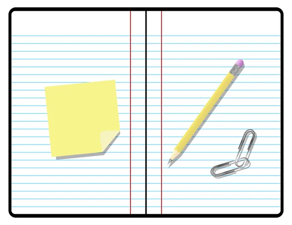 पेन्सिल, पेपर आणि चिकट नोटसह रचना नोटबुक — स्टॉक व्हेक्टर
