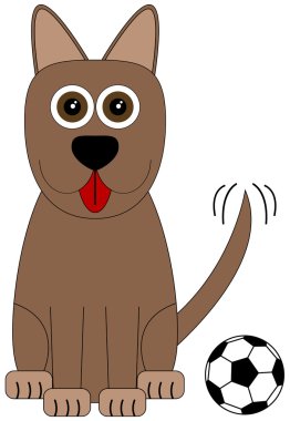 Happy cartoon hond met een voetbal speelgoed