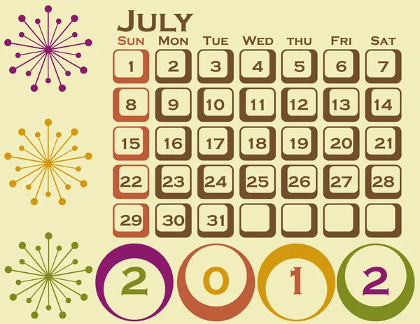 2012 Estilo Retro Calendário Set 1 Julho — Vetor de Stock