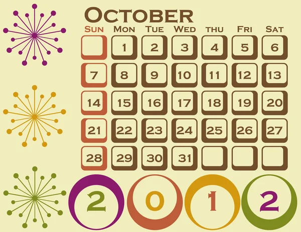 2012 Estilo Retro Calendário Set 1 Outubro — Vetor de Stock