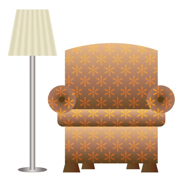 Un scaun tapițat și o lampă de podea — Vector de stoc