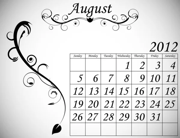 2012 Calendário Set 2 Flourish decorativo agosto — Vetor de Stock
