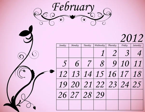 Kalendář 2012 sada 2 dekorativní rozmachem února — Stockový vektor