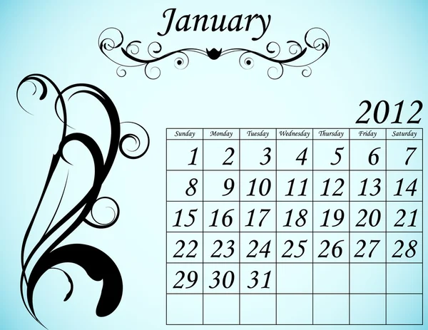 2012 Calendar Set 2 Decorative Flourish January — Stock Vector