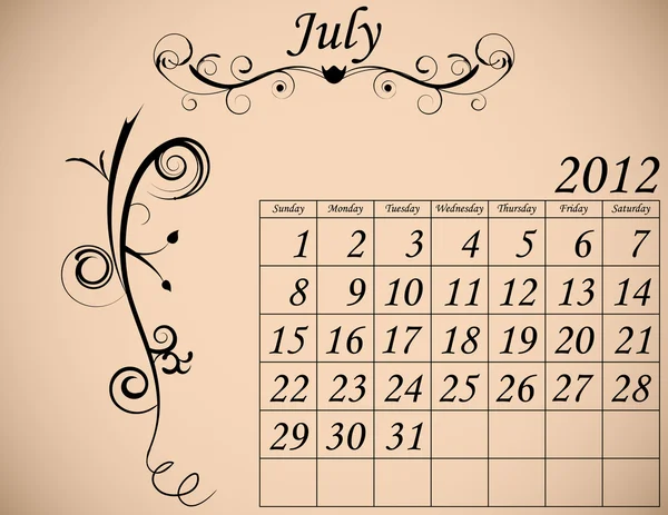2012 kalender instellen 2 decoratieve bloeien juli — Stockvector