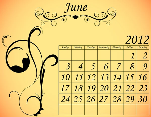 Ημερολόγιο 2012 οριστεί 2 διακοσμητικά άνθηση Ιουνίου — Διανυσματικό Αρχείο