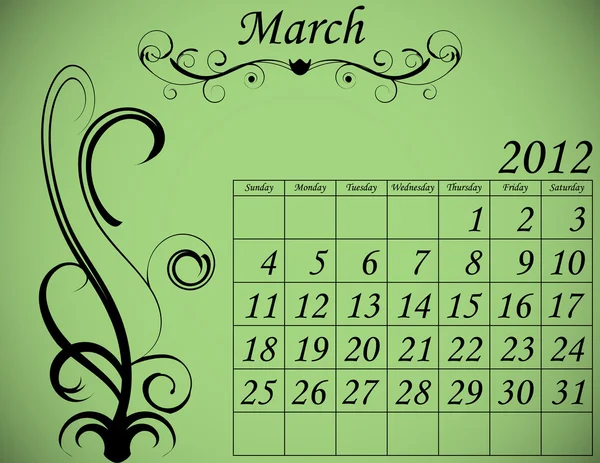 Kalendarz 2012 zestaw 2 marca ozdobny rozkwitać — Wektor stockowy