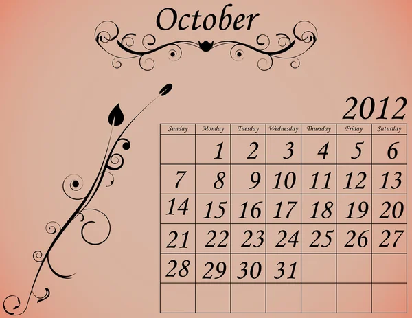 Ημερολόγιο 2012 οριστεί 2 διακοσμητικά άνθηση Οκτωβρίου — Διανυσματικό Αρχείο