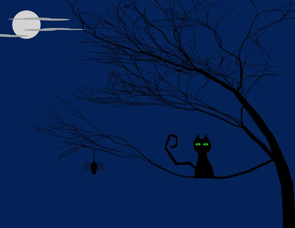 Fondo de Halloween de un gato en un árbol — Vector de stock