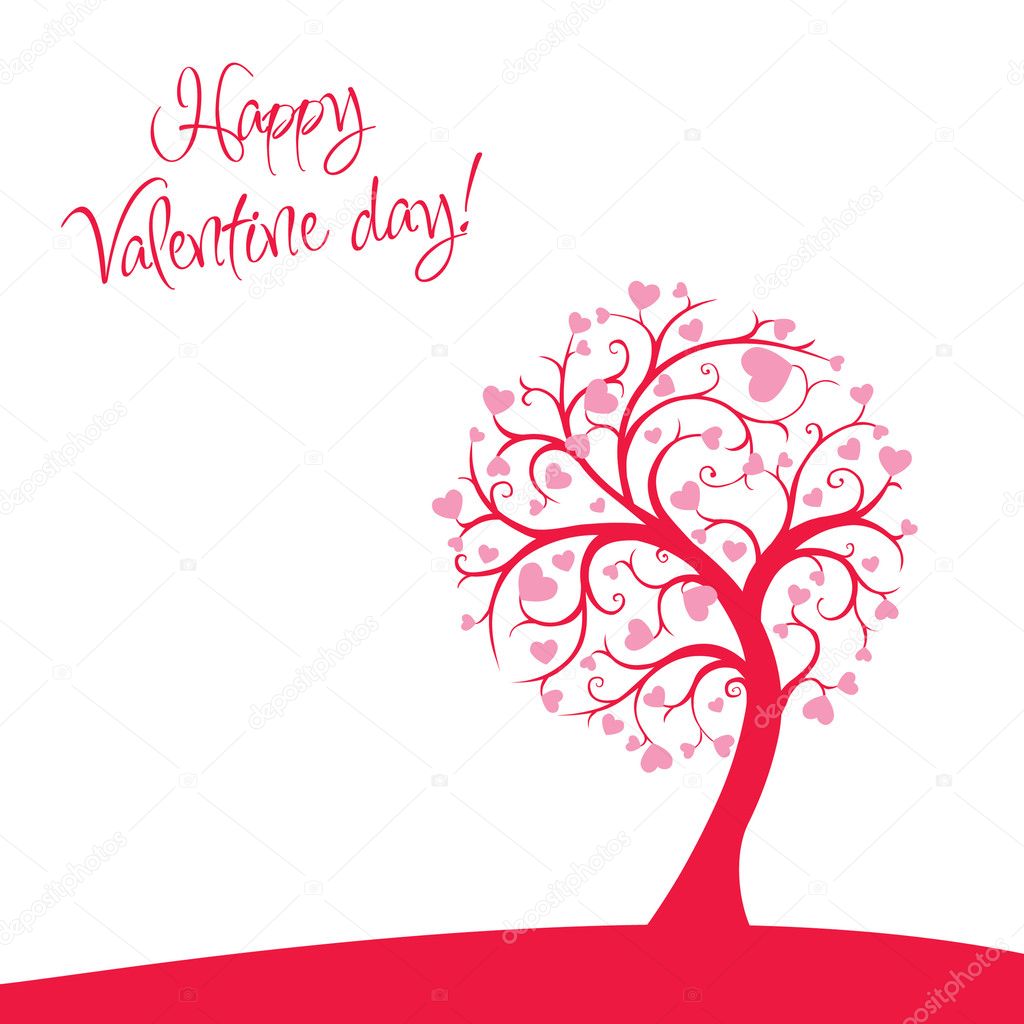 Love card with a tree which is decorated with hearts