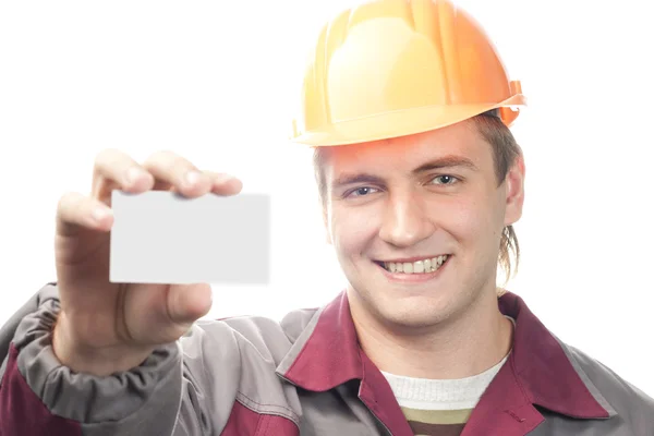 Builder with business card — Stock Photo, Image