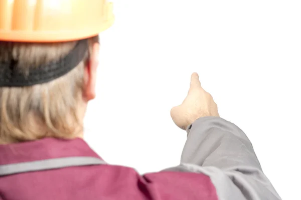 Trabalhador apontando direção com o dedo — Fotografia de Stock