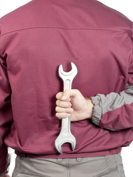 Opravář ruku s klíčem — Stock fotografie