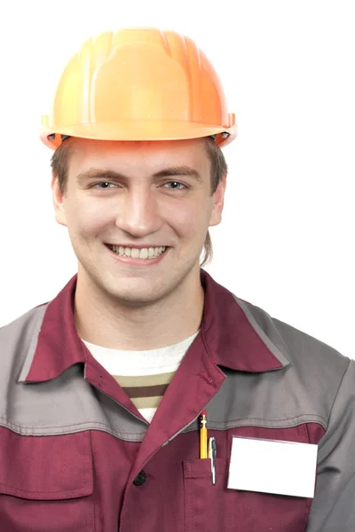 Builder with blank name tag — Stock Photo, Image
