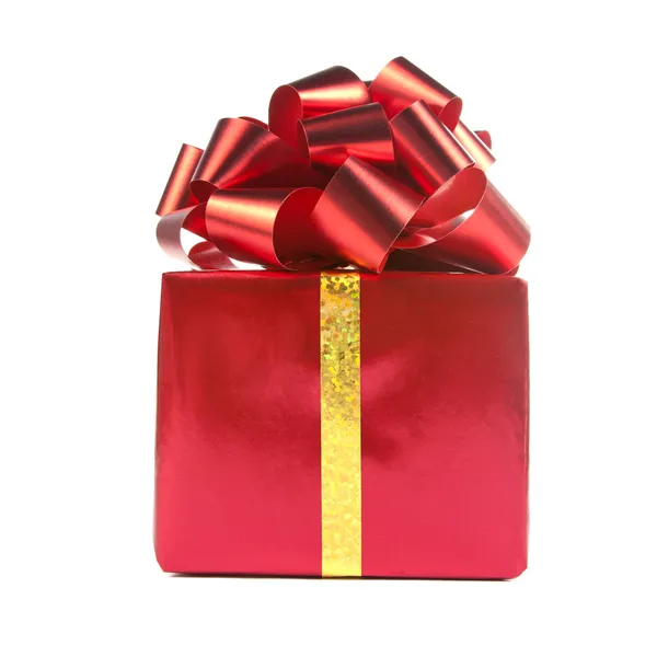 Şerit ve yayla kırmızı hediye — Stok fotoğraf